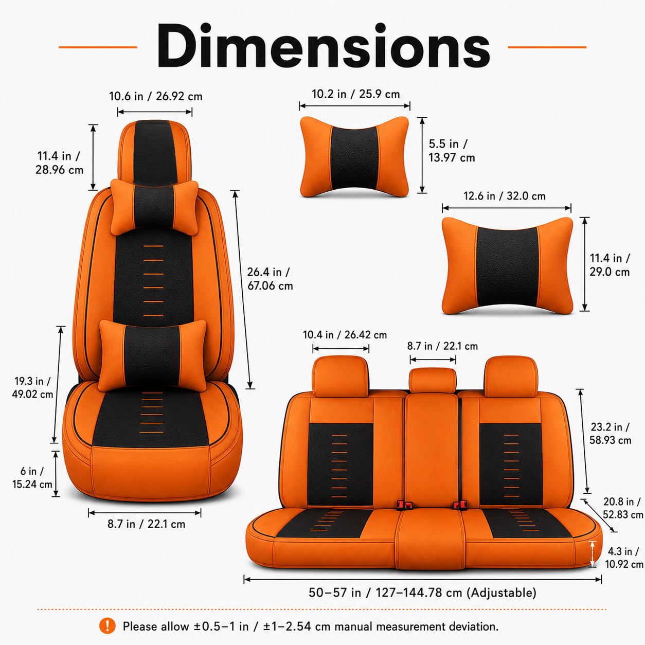 Komplettset Autositzbezüge aus atmungsaktivem Kunstleder Für Vorder- und Rücksitze inkl. Kopfstützen - reduziert Fahrermüdigkeit - passend für die meisten Pkw (Orange, Vorder- & Rücksitze)