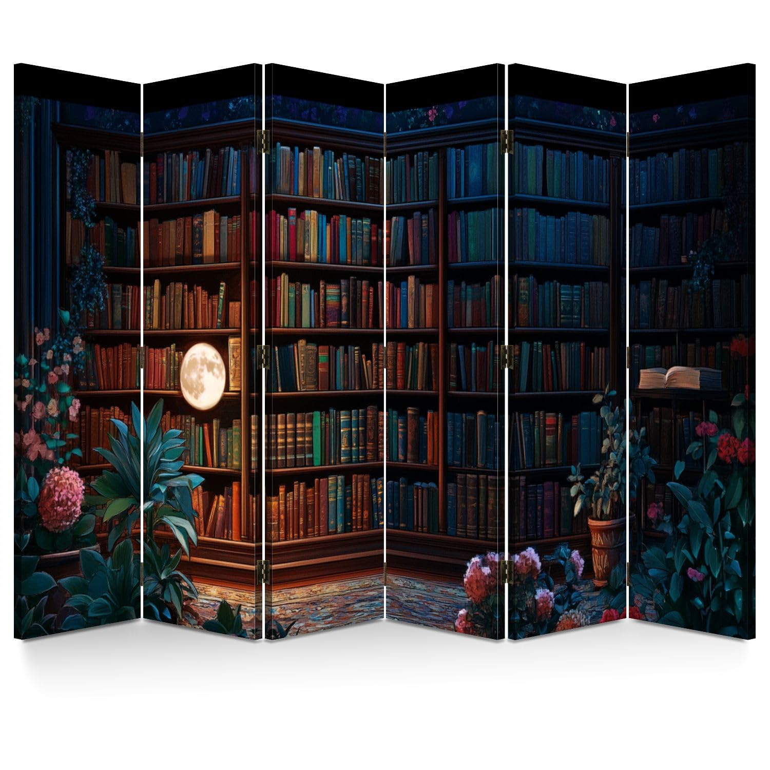 6 Vintage Panels Folding Screen Room Divider Whimsical Bookshelf Glow Rainbow Hued Light Canvas Screen Room Separator Freestanding Protective