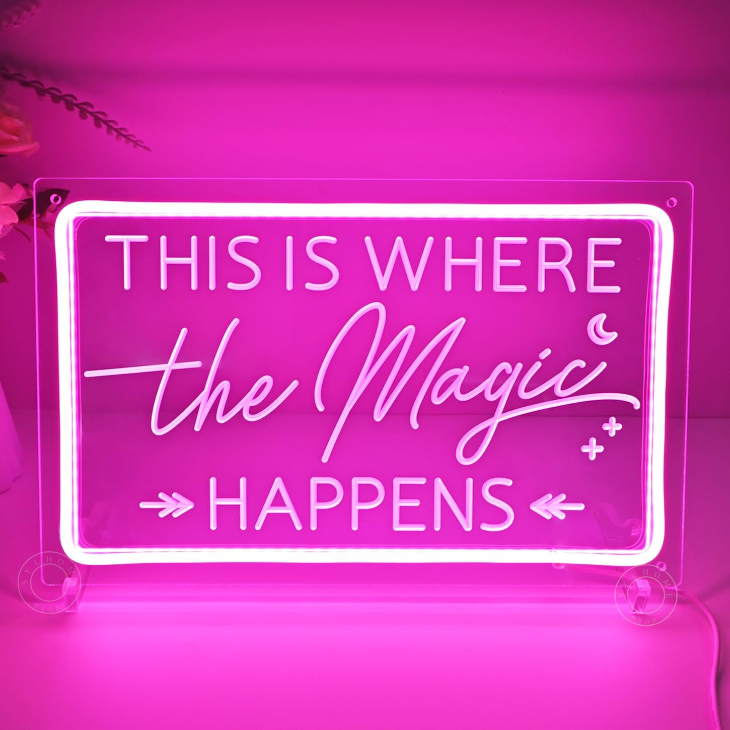 SYLHOME This Is Where The Magic Happens Pink Led Neon Light Sign Wedding Birthday Engagement Bachelorette Party Bar Bedroom Office Wall Sign Decor USB Light Up Sign 15.75"X9.8" - Image 2