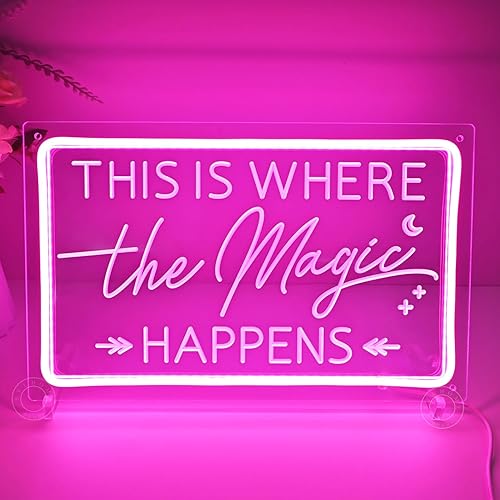 Miniatura 2 de SYLHOME Letrero de luz LED de neón rosa con texto en inglés "This Is Where The Magic Happens", para boda, cumpleaños, compromiso, despedida de