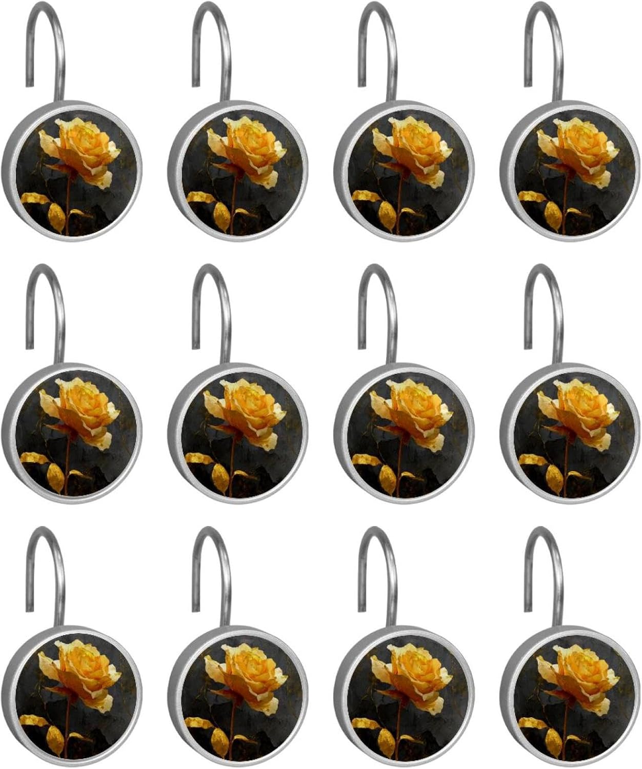 Golden Rose (1) Round Crystal Glass Decorative Shower Curtain Hooks with 3D Pattern Visual, Rust Proof Shower Curtain Rings-12 Pack
