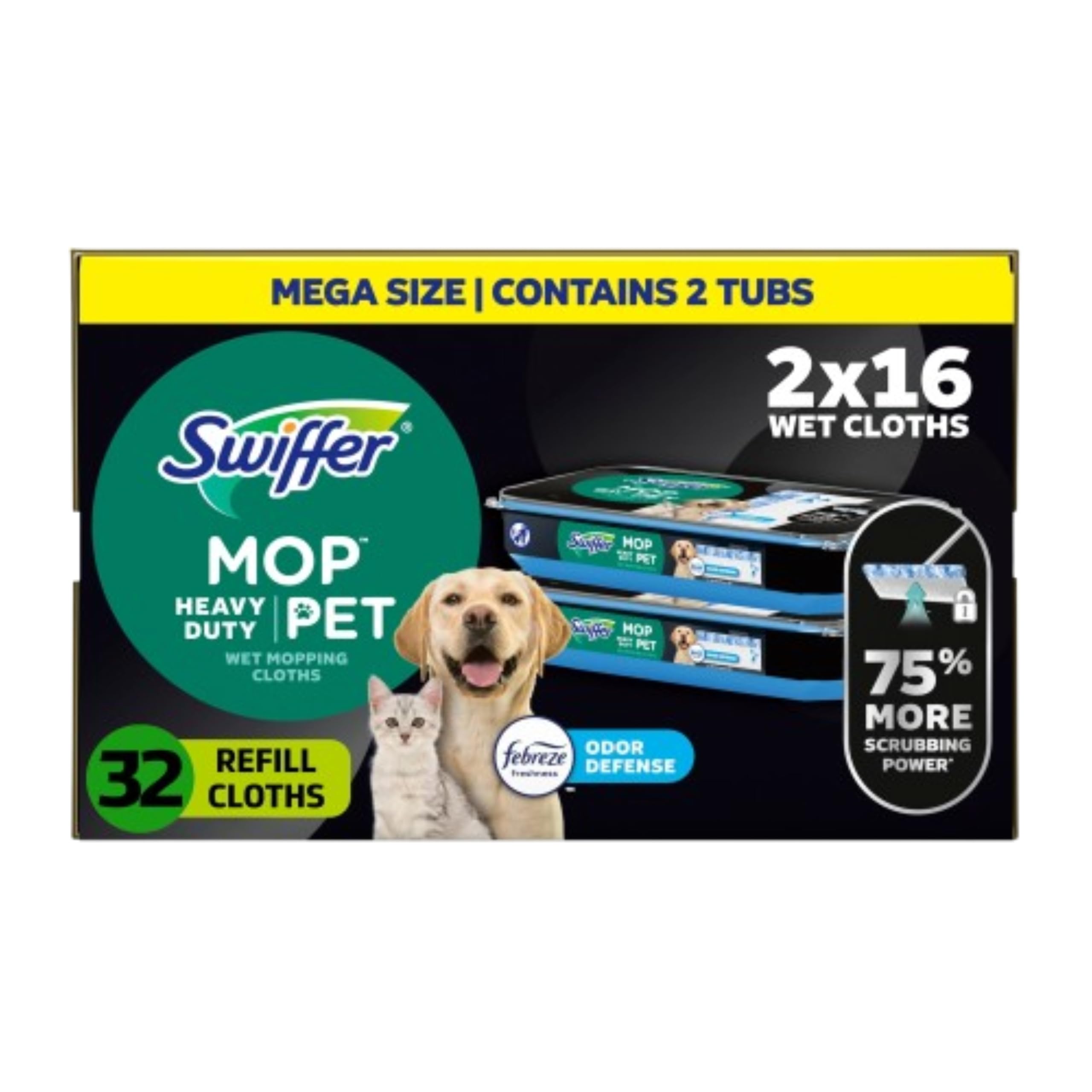 Swiffer Heavy Duty Mop Wet Multi-Surface Cloth Refills for Floor Mopping and Cleaning, Pet with Febreze Odor Defense, 32 count