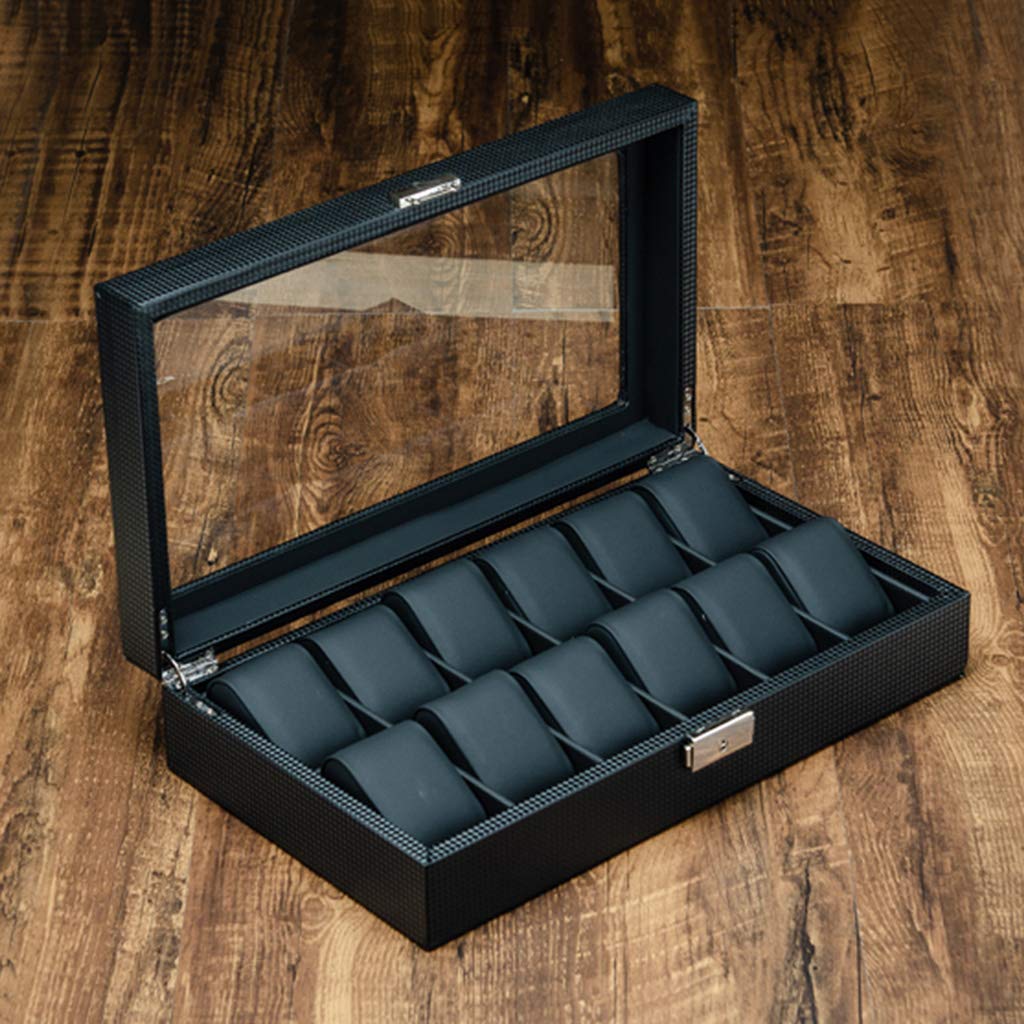 Caja de almacenamiento de relojes para hombres / mujeres Caja de joyería de fibra de carbono con 12 ranuras con almohadas suaves Relojes de pulsera con cerradura Organizador de exhibición de pulseras