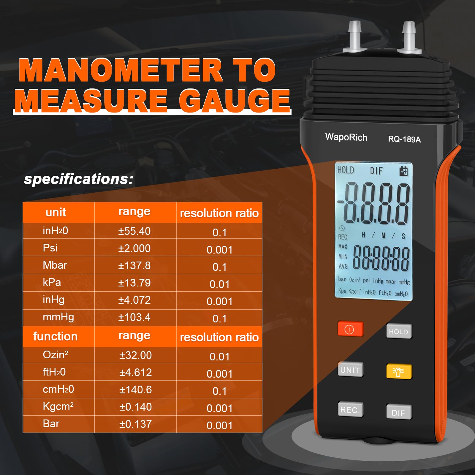 Medidor de Presión Diferencial, WapoRich Manómetro Digital ±13,79 kPa con Doble Puerto, 11 Unidades, Medidor de Presión de Aire del Manómetro Diferencial de Presión para HVAC RQ-189A