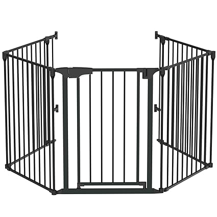 Bonnlo 120 Inches Wide Configurable Baby Gate, Fireplace Safety Fence/Guard, Adjustable 5-Panel Metal Play Yard for Toddler/Pet/Dog, Christmas Tree Fence, Includes 4 Pack of Wall Mounts, Black
