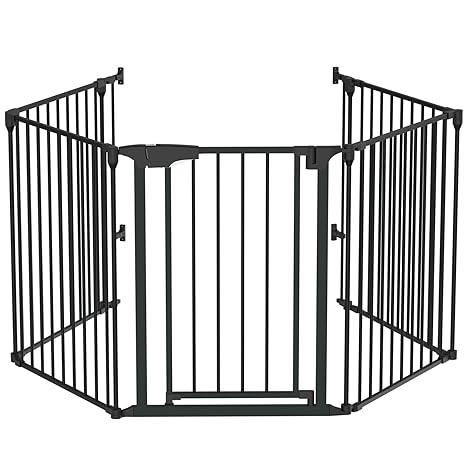 Bonnlo 120 Inches Wide Configurable Baby Gate, Fireplace Safety Fence/Guard, Adjustable 5-Panel Metal Play Yard for Toddler/Pet/Dog, Christmas Tree Fence, Includes 4 Pack of Wall Mounts, Black