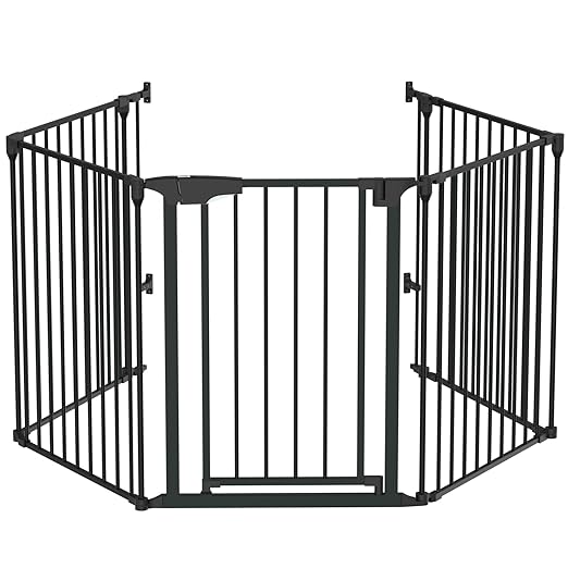 Bonnlo 120 Inches Wide Configurable Baby Gate, Fireplace Safety Fence/Guard, Adjustable 5-Panel Metal Play Yard for Toddler/Pet/Dog, Christmas Tree Fence, Includes 4 Pack of Wall Mounts, Black
