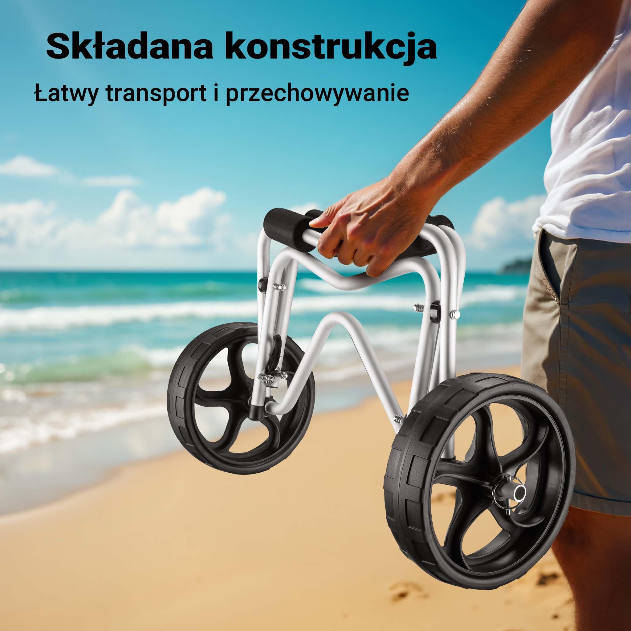 Składany aluminiowy wózek kajakowy Wiltec do 68 kg, wózek transportowy do łodzi, kajaków i kanoe, wózek surfingowy z poduszkami, koła PU Ø25 cm z nylonowym paskiem do mocowania