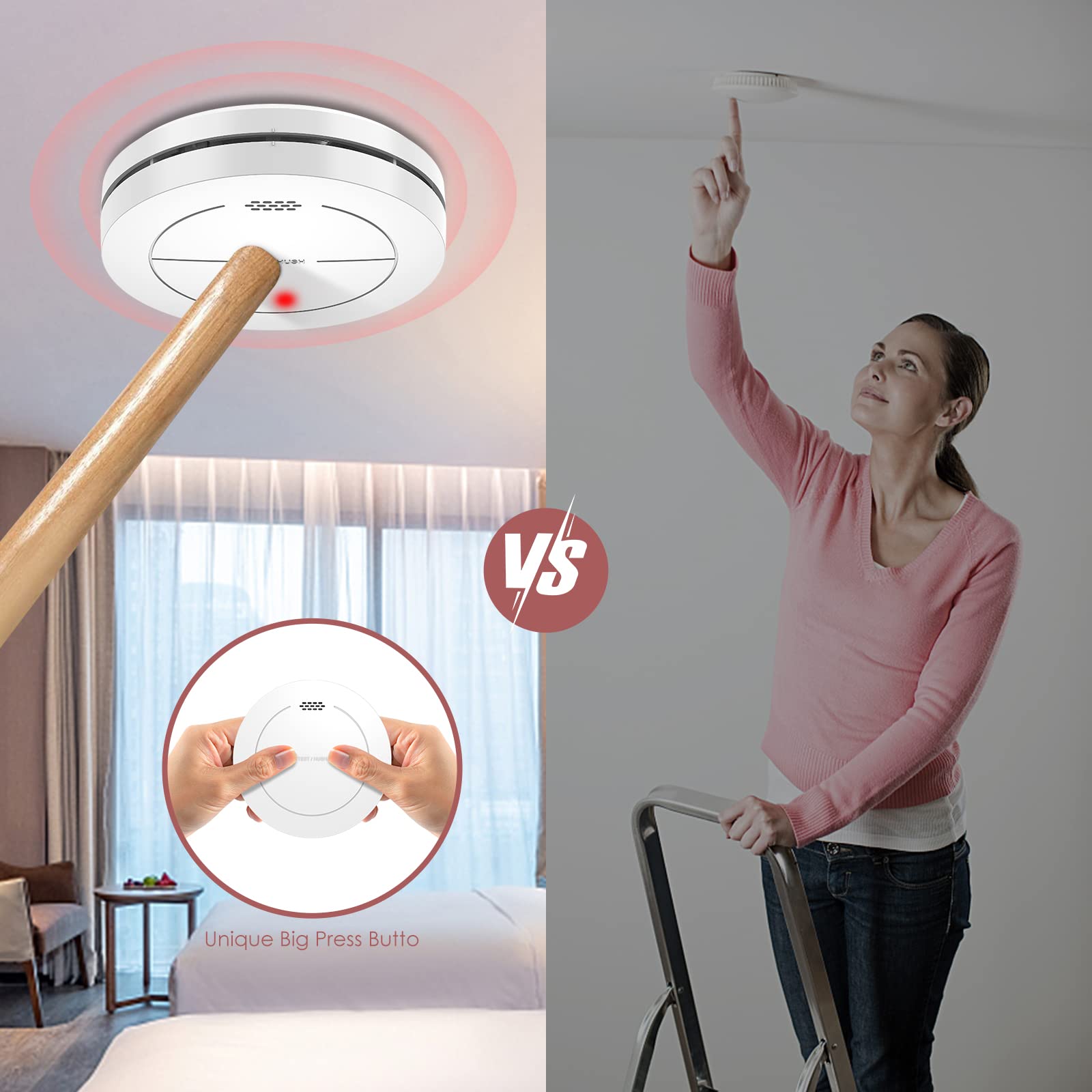Detector de Humo, batería de 10 años, sin LED Intermitente, función de Silencio, con Almohadillas Adhesivas, Sonido de Alarma de 85dB, Alarma de Incendio Plana, 1 Piezas（Autónomo）