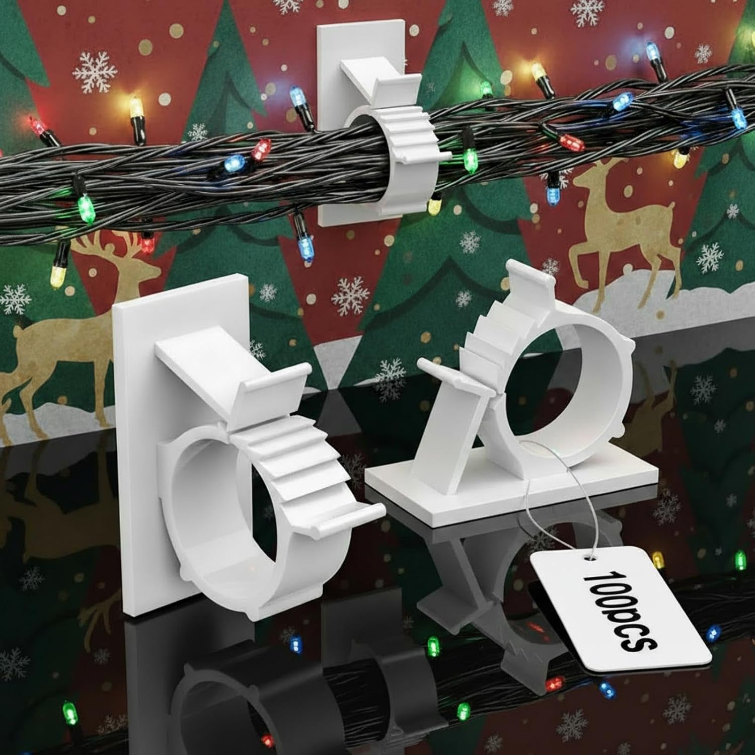 50 Pcs Christmas Outdoor Light Clips for String Lights Adjustable Adhesive Rope Sticky Clips No Drill Cable Management Clip Hooks for Christmas Decoration String Light Mantle Garland (White)