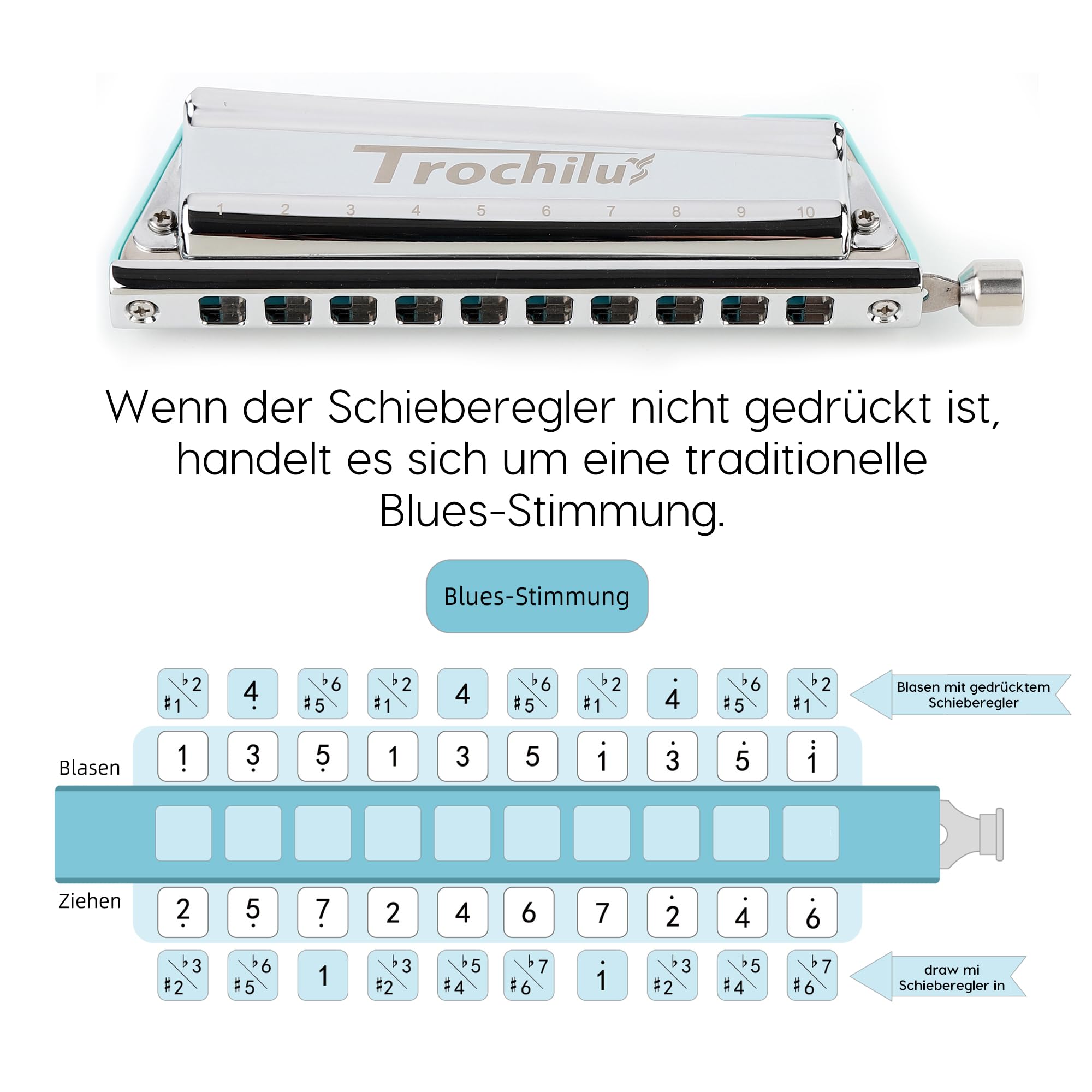 JDR Trochilus 10 Löcher Chromatische Mundharmonika Tonart D Armonica Valveless Harp Mundharmonika mit Etui für Erwachsene Profis Anfänger Kinder Game Changer (Blues/Ritcher Tuning Tonart D)