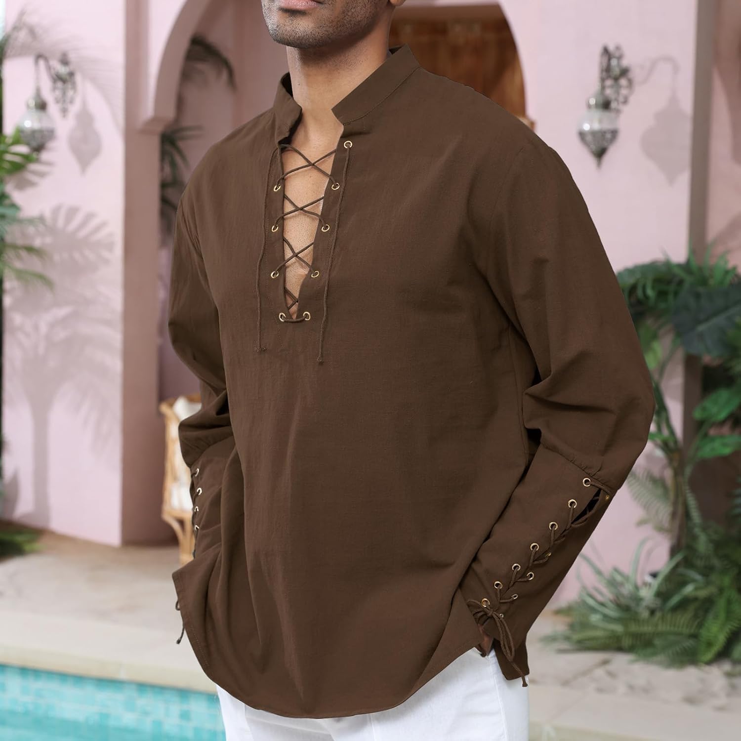 Men's Cotton Linen Shirt Drawstring Arm Banded Tops Medieval Viking Pirate Renaissance Halloween Costume - Image 2