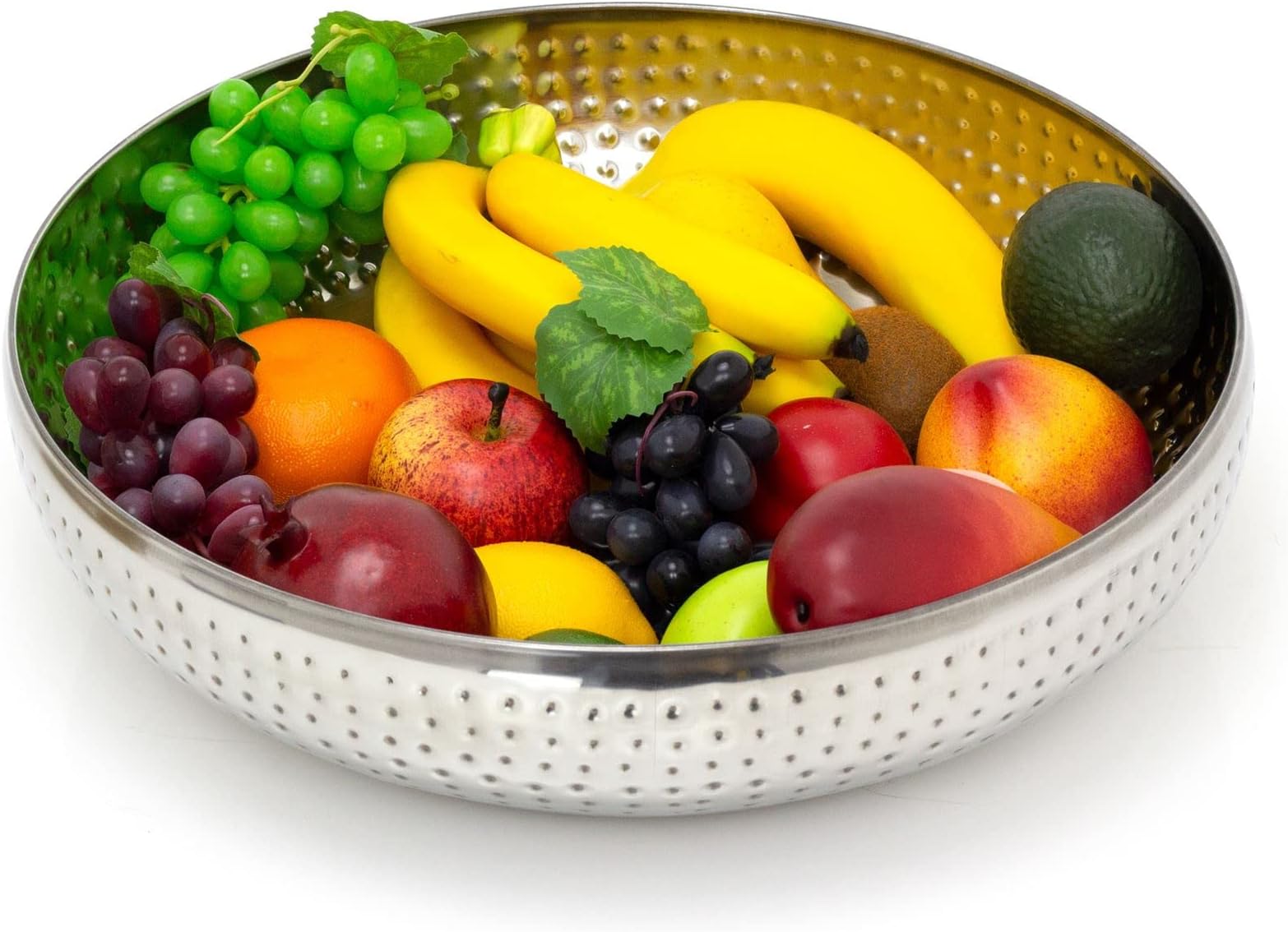 Carousel Home 38cm Extra Large Stainless Steel Kitchen Fruit Bowl | Round Silver Display With Hammered Detail | Multi-Purpose Serving Salad Decorative Bowl