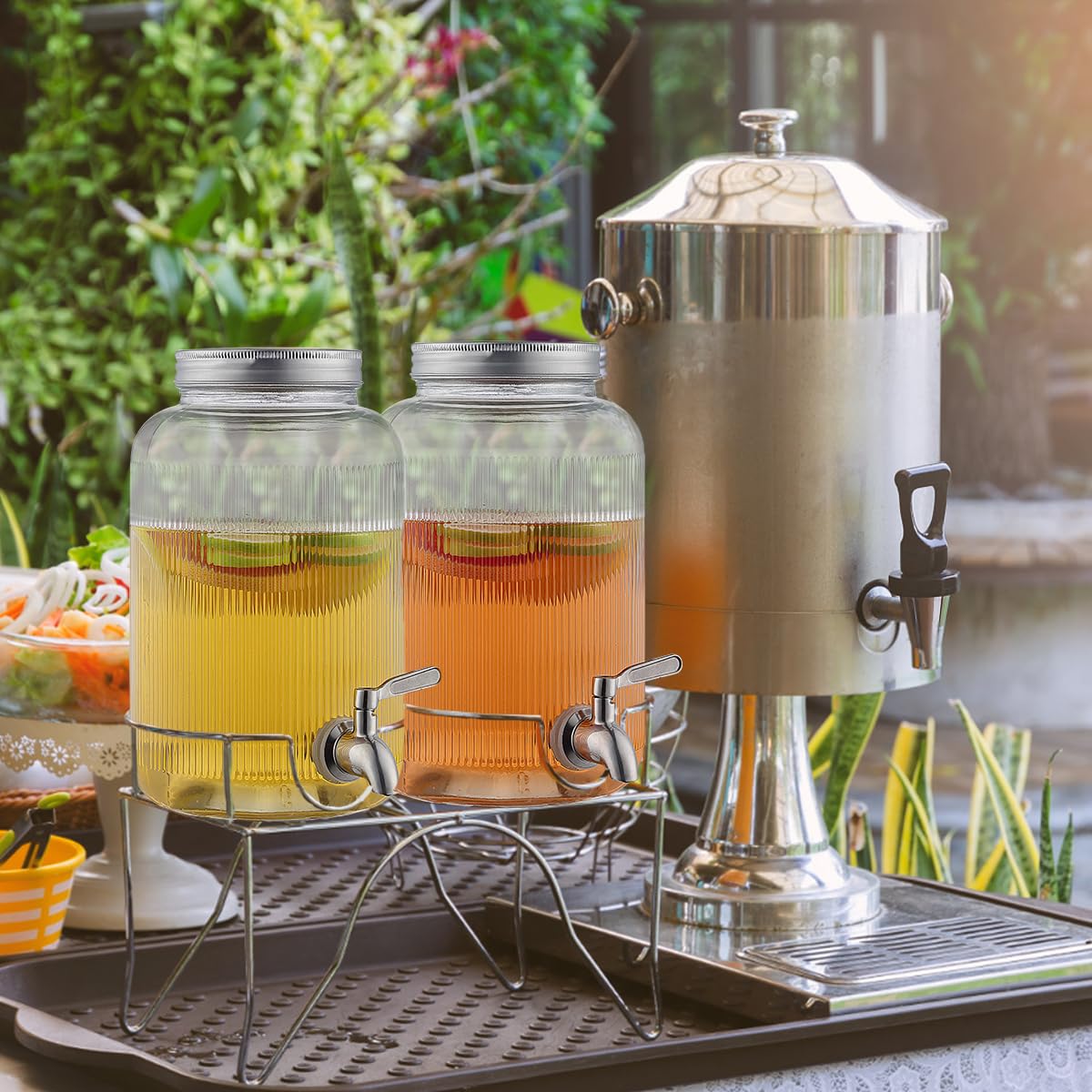 Evanda Dispensador de bebidas de vidrio con grifo de acero inoxidable a prueba de fugas, Dispensador de bebidas heladas de 4L, Dispensador de bebidas para tetera de frutas para hacer té helado