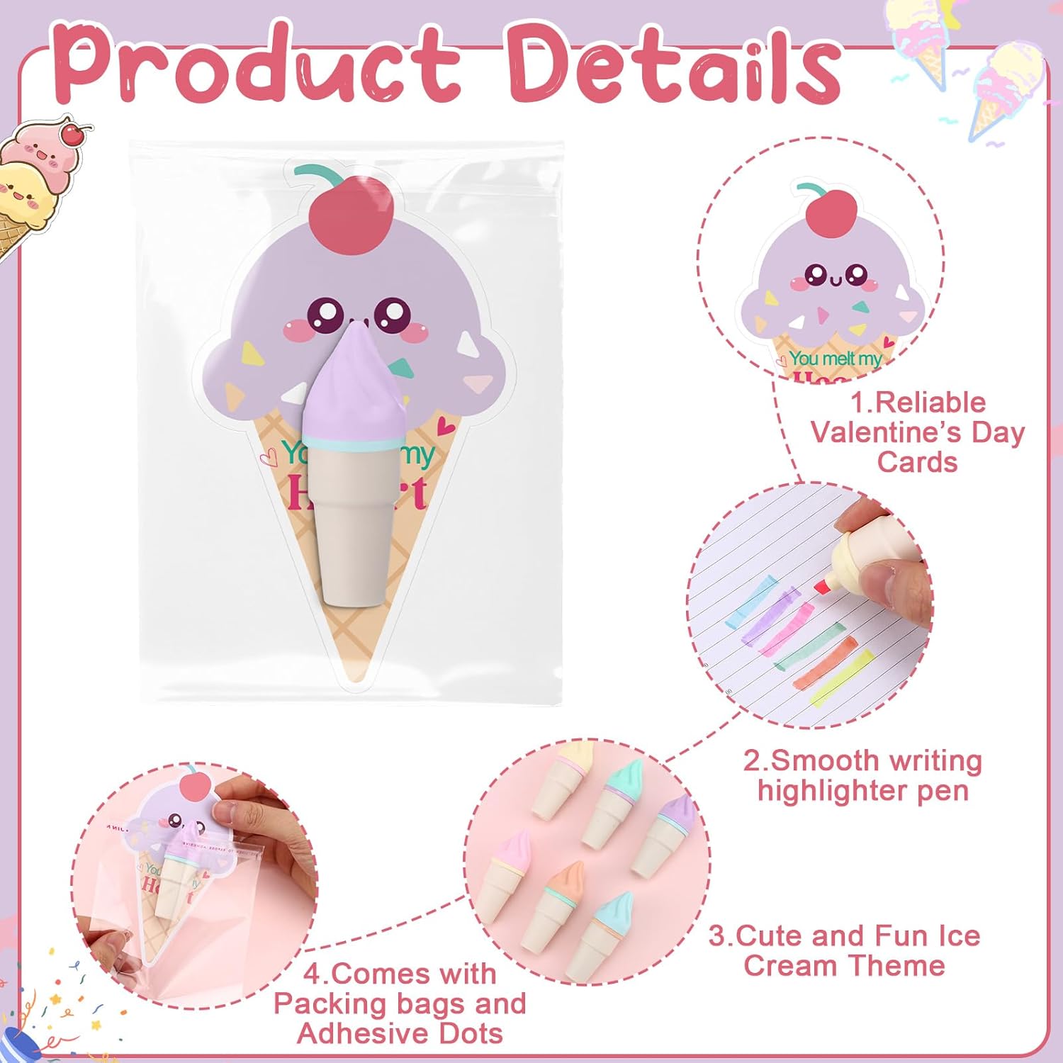 Glenmal 30 Sets Valentines Mini Highlighter Marker Pens DIY Crafts Kits with Ice Cream Shaped Cards for Party Favors Supplies Prizes
