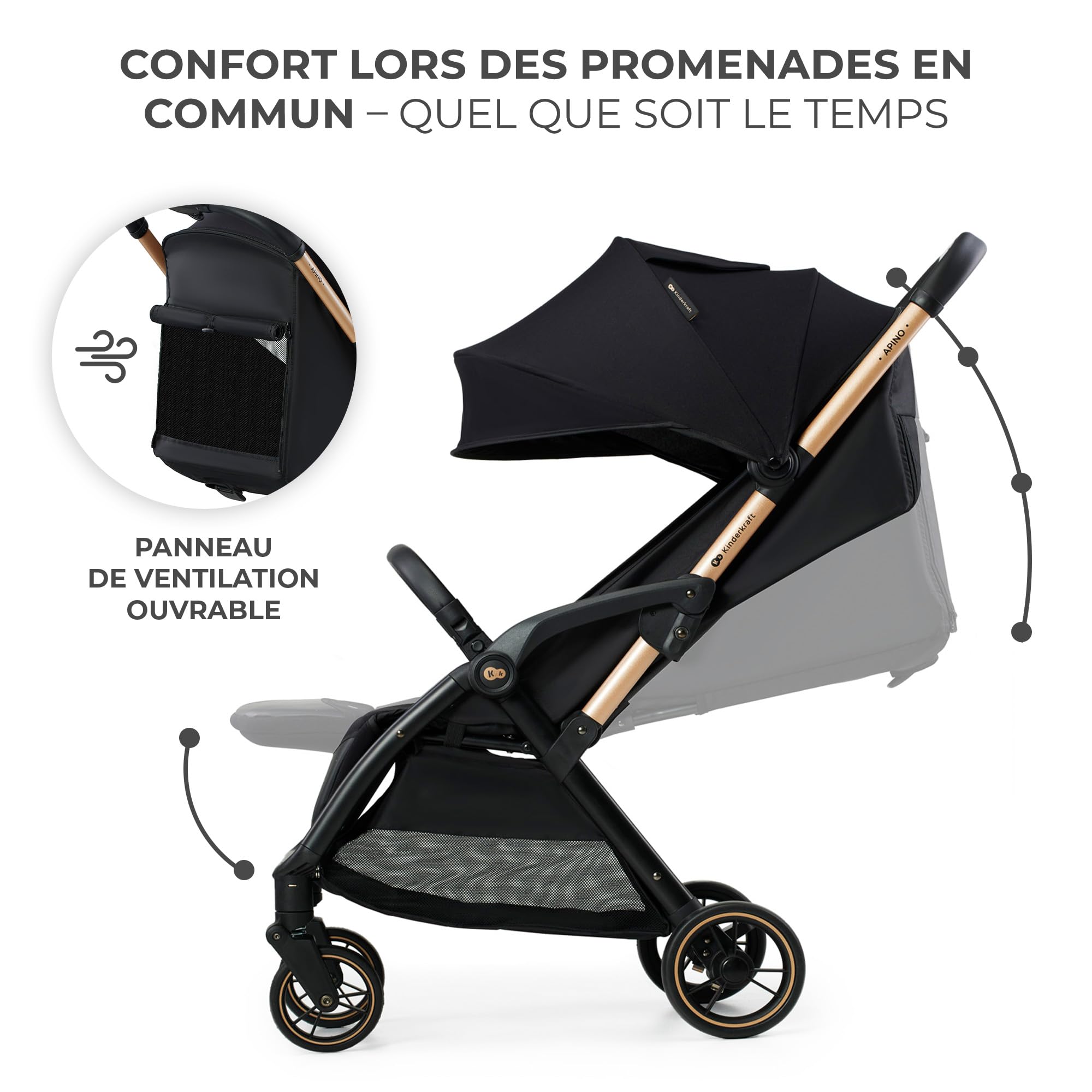 Kinderkraft APINO Poussette Légère, Ne Pèse Que 7,5 kg, Poussette De Voyage, Pliage automatique, AUTO FOLDING, Facile À Pince, Dossier Réglable En Position Allongée, poids maximum jusqu'à 24 kg, Noir