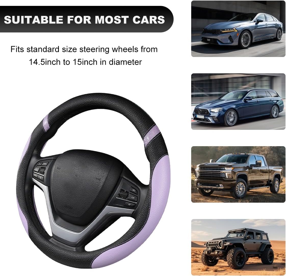 Car Steering Wheel Cover, 15 Inch Premium Leather Breathable Non-Slip Wheels Wrap, Universal Auto Comfortable Steering Wheel Protector for SUV Truck Van, Car Accessories (Purple) thumbnail