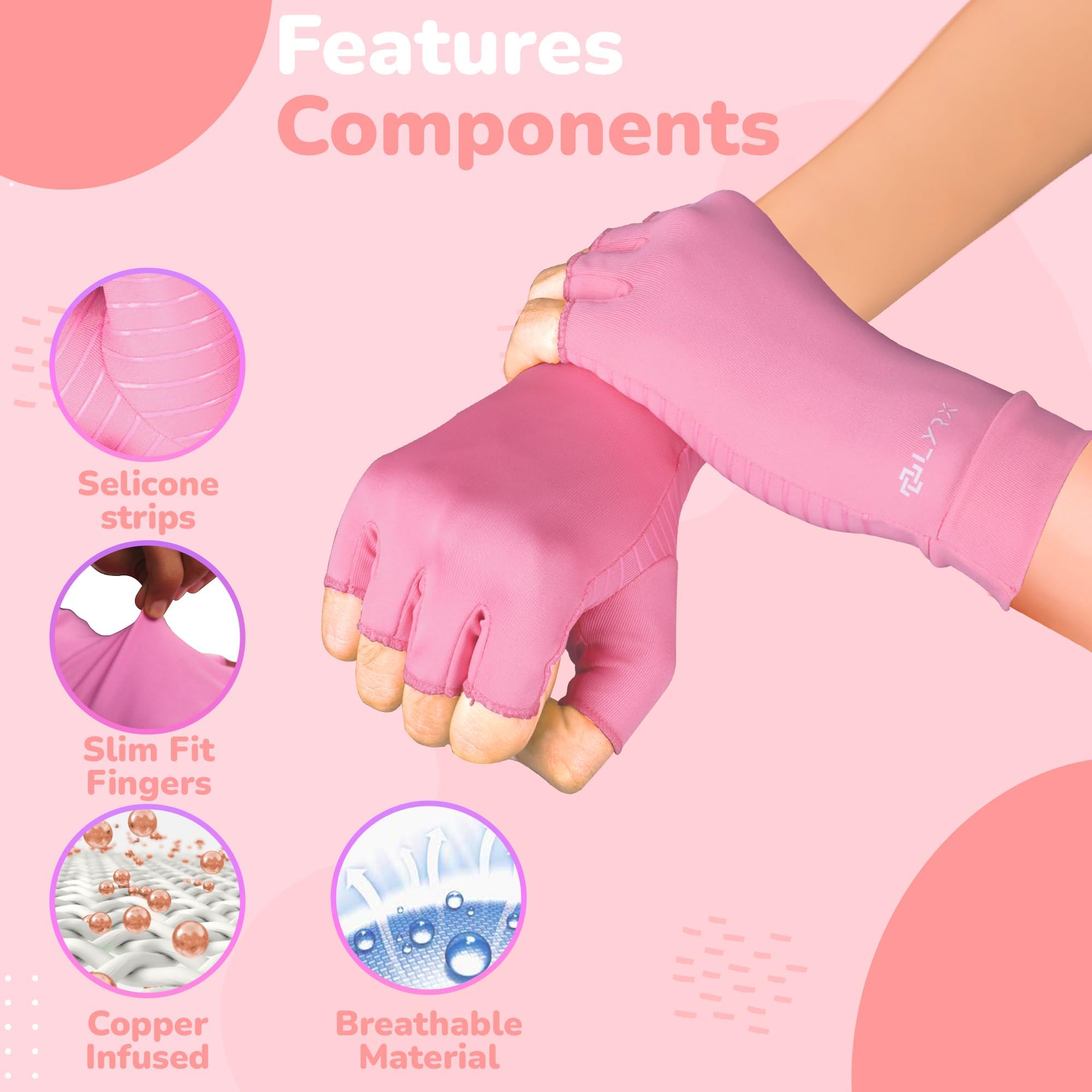 LYRX Arthritis Gloves - Copper Infused Compression Fingerless Glove for Women Men - Arthritis Carpal Tunnel Pain Relief Glove (Pink, Medium)