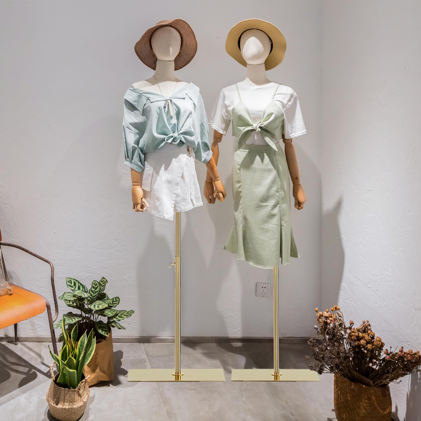 Manichino femminile a forma di busto, corpo manichino con testa staccabile, mani in legno e supporto regolabile in altezza dorato, per esposizione di gioielli, beige (oro)