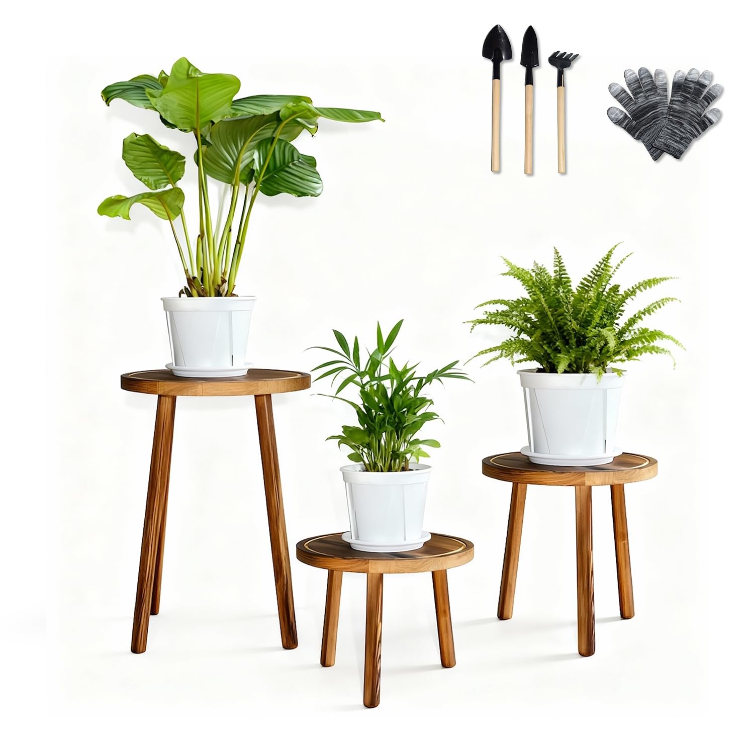 AMVAQKER 3-Piece Wood Plant Stands