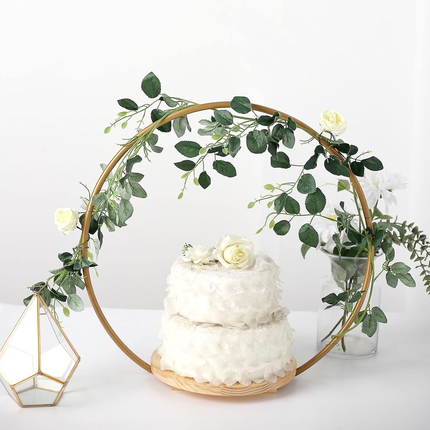 Gold 20-inch Geometric Round Wood with Metal Arch Cake Display Stand Wedding Party Events Reception Decorations Supplies