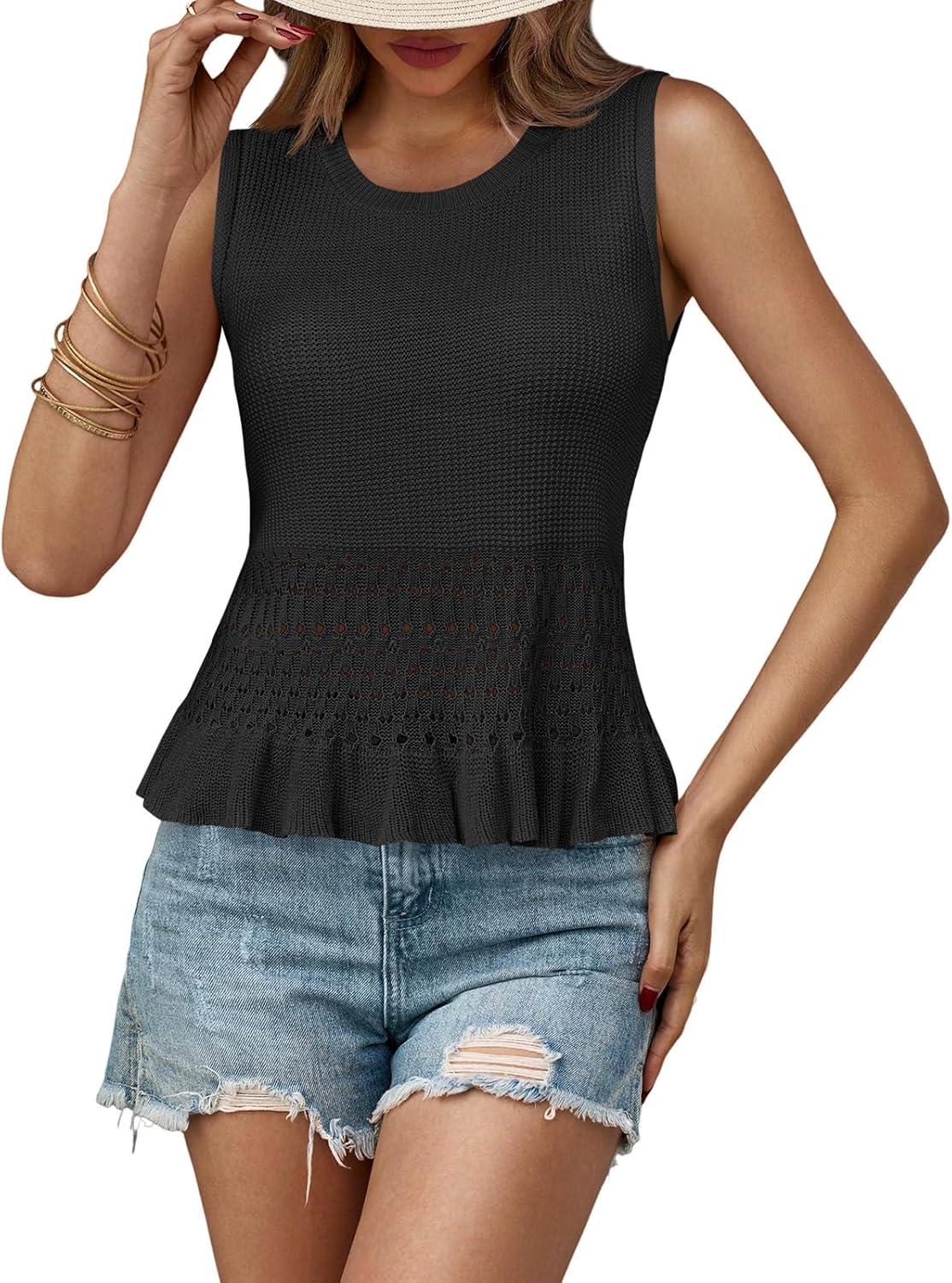 Saodimallsu Womens Crochet Crop Tank Tops Sleeveless Crew Neck Ruffle Summer Boho Knit Sweater Vest - Image 2