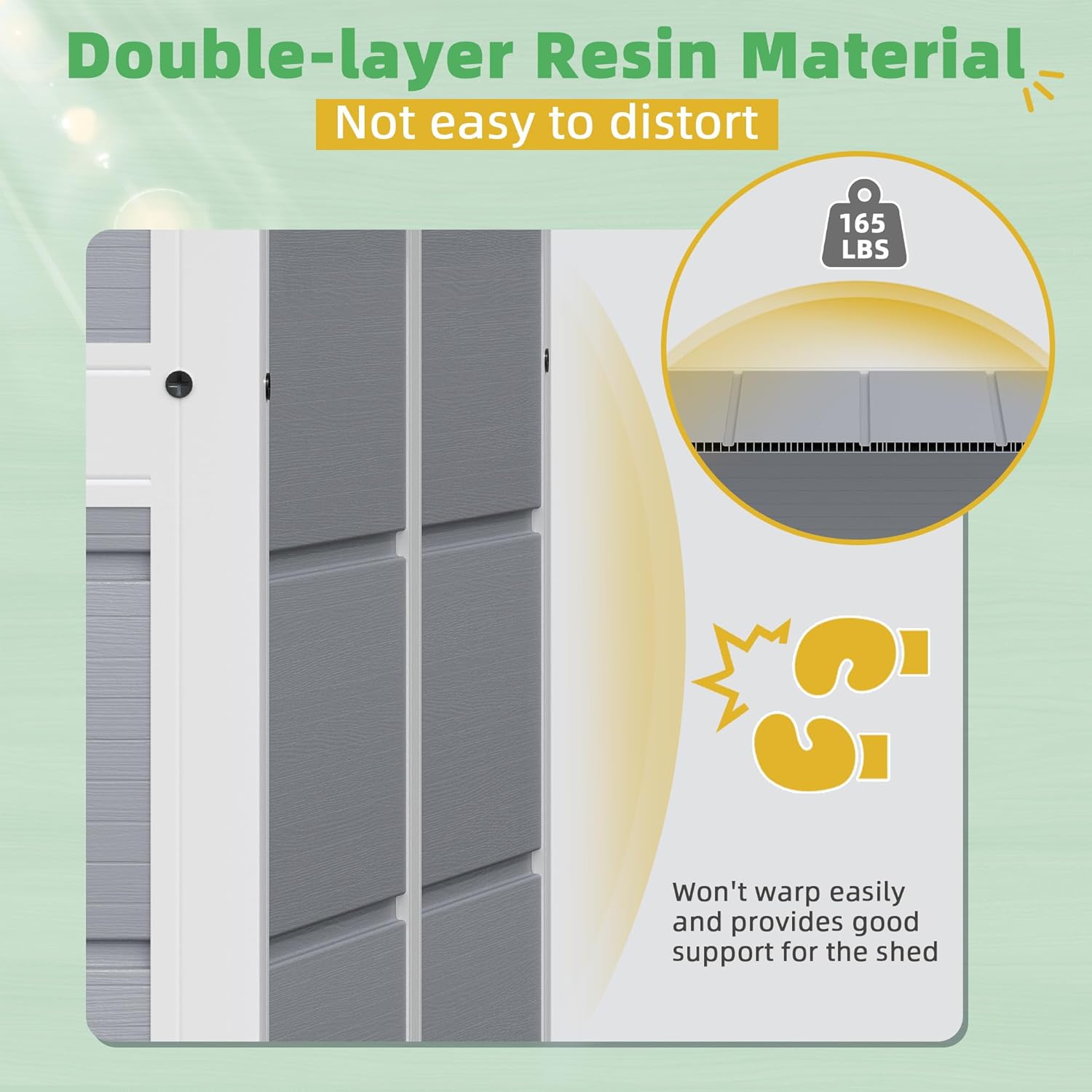 Close-up of the shed's double-layer resin wall material, illustrating its durability and resistance to warping, with a graphic indicating a 165 lbs weight capacity.