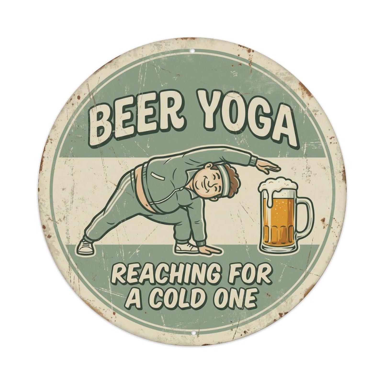Retro Bar Style Yoga Stretching Lounge Beer Metal Tin Sign Plaque Wall Decor for Cafe, Club, Garden Round Metal Poster 8x8Inch