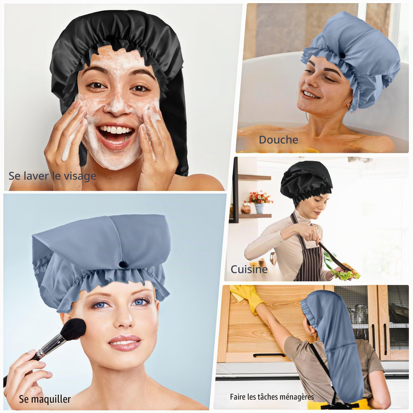 Lot de 2 grands bonnets de douche pour tresses, bonnet de douche extra long pour cheveux longs et dreadlocks pour femmes et hommes (noir, gris)