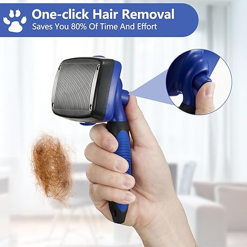 Miniatura 5 de Cepillo deslizante autolimpiante para mascotas, elimina el pelo suelto, herramienta de aseo de gatos y perros (grande, azul)