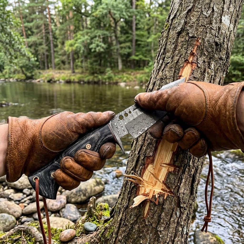Hunting Knife 10 Inches - Handmade Damascus Steel Fixed Blade Knives - Micarta Wood Handle & Leather Sheath - Bushcraft Outdoor, Skinning & Survival Knife