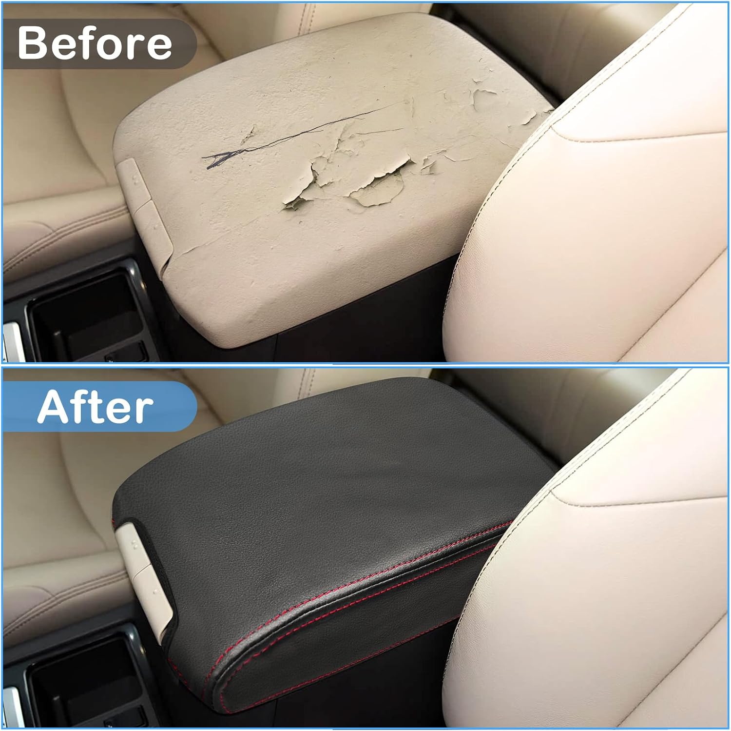 QianBao Compatible with Toyota Prado 150 2009-2023 Leather Armrest Box Center Console Cover Middle Console Cover Protector Red Stitches