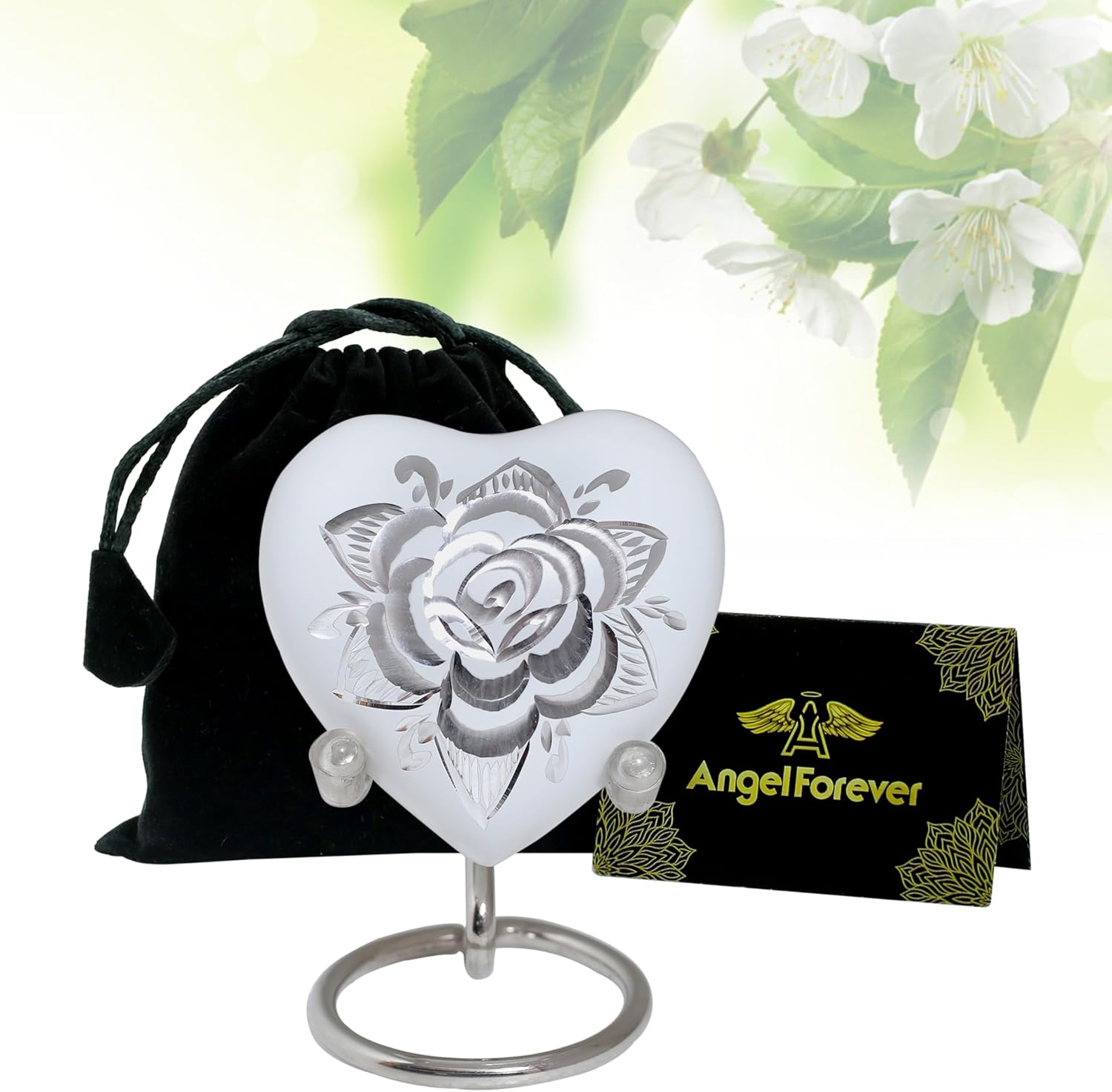 Rose Heart Keepsake Urn for Human Ashes Floral Mini Memorial Urn with Stand & Velvet Gift Box (White)
