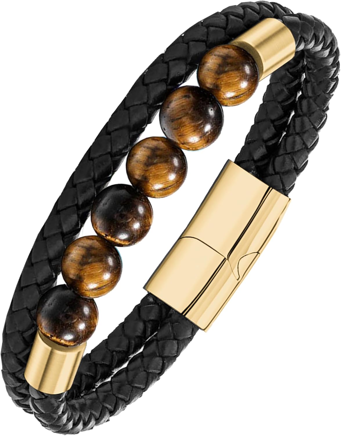 YL Mens Beaded Leather Bracelet, Black Onxy/Tiger Eye/Turquoise 18K Gold/Rhodium Plated Cross Christian Letter Initial Cuff Stainless Steel Handcrafted Jewelry Gifts