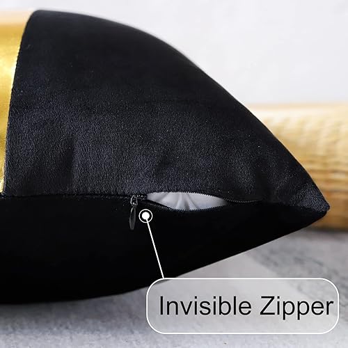 Miniatura 7 de Artscope Juego de 2 fundas de almohada de terciopelo negro con costuras de cuero dorado, fundas de almohada cuadradas modernas y minimalistas para