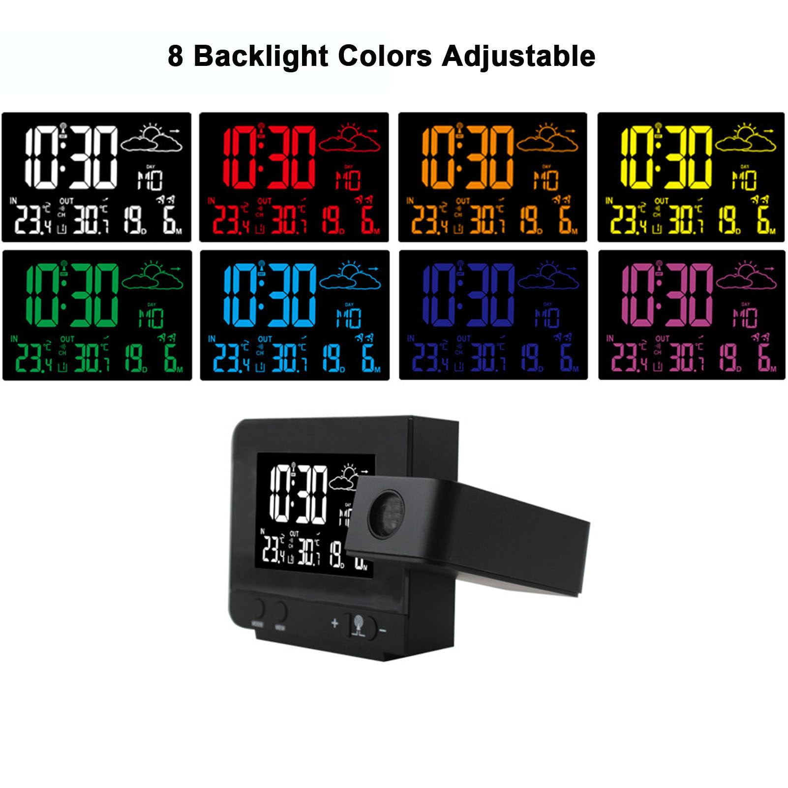 Reloj despertador con proyector giratorio de 180°, alarma dual, función de repetición, visualización de fecha y hora, temperatura interior y exterior, puerto de carga USB