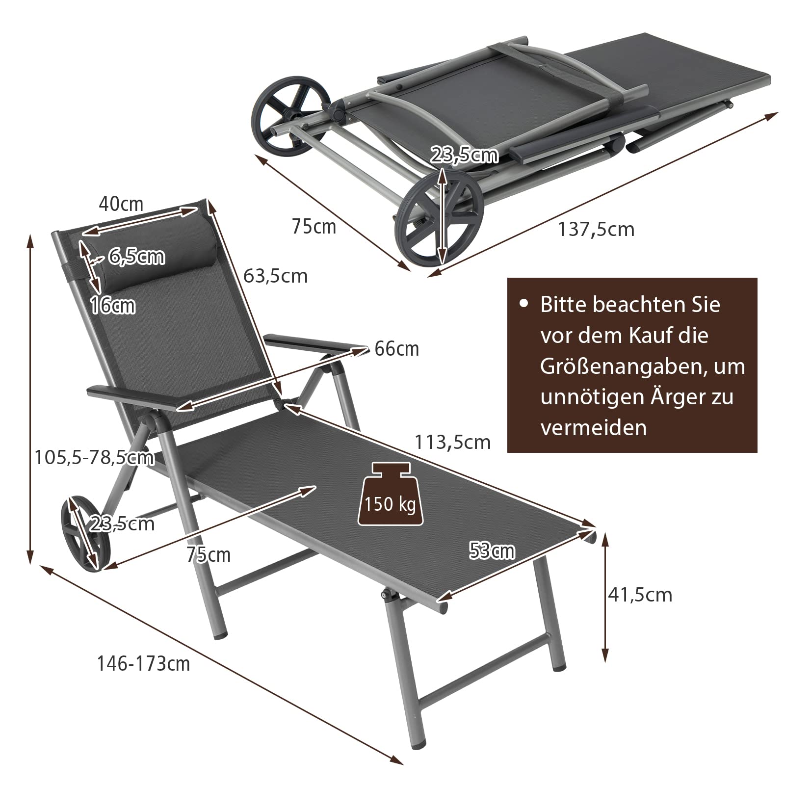 GOPLUS Sonnenliege mit Rollen, Gartenliege mit 7 Fach Verstellbarer Rückenlehne, Liegestuhl klappbar, Aluminium, Terrassenliege bis 150kg belastbar, inkl. Kopfstütze, Relaxliege Garten Balkon Pool