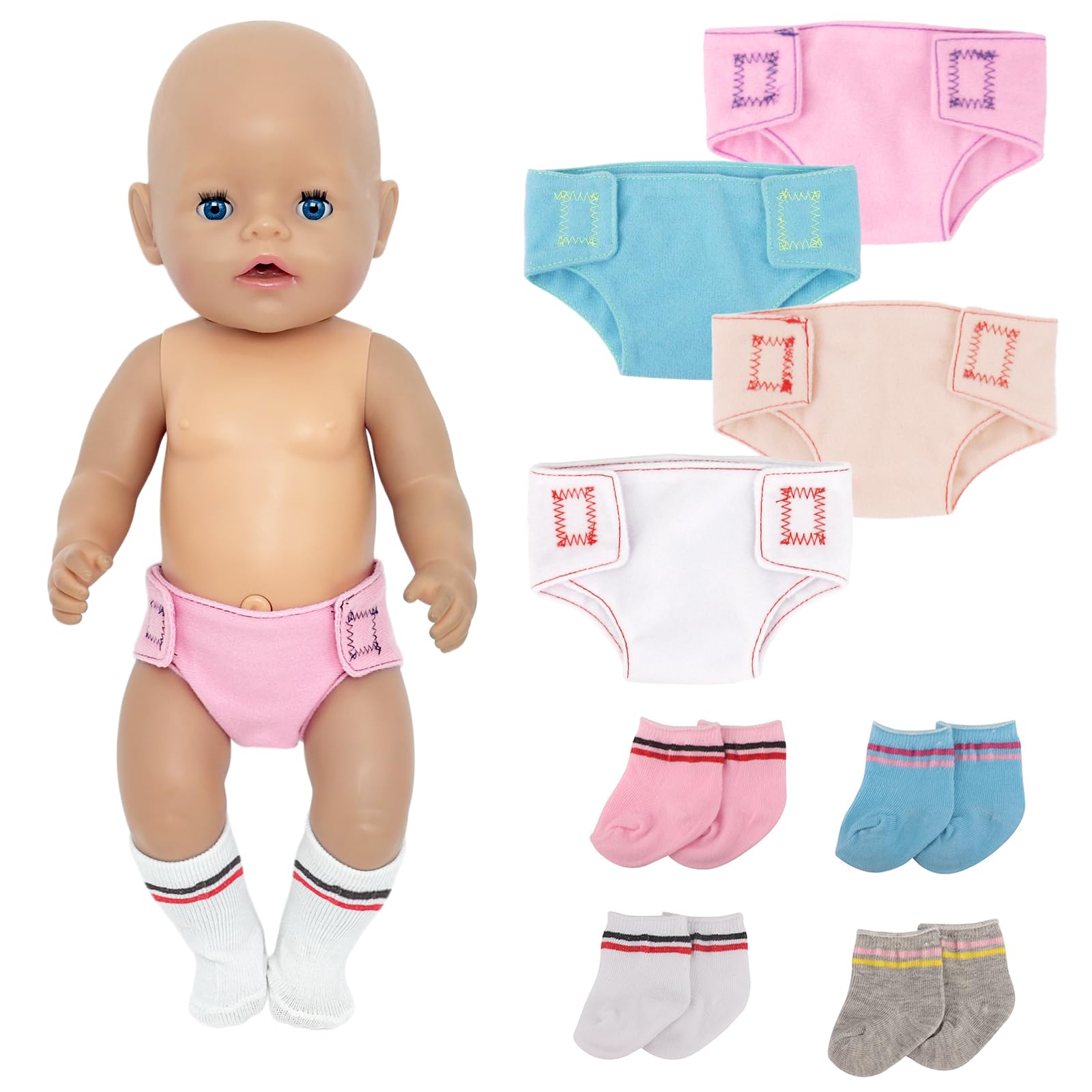 YAEGIMHT Doll Nappies + Doll Socks Set, 8 Pcs Baby Doll Accessories for 12-18" Doll