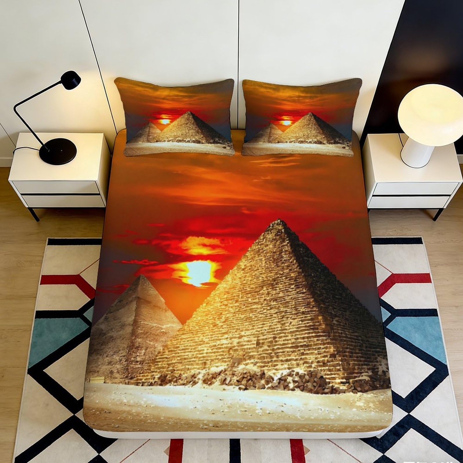 3D Printed Sunset Pyramid Fitted Sheet Microfiber Soft Bed Cover Golden Egypt Mattress Cover for Bedroom Decor 90x200x25cm