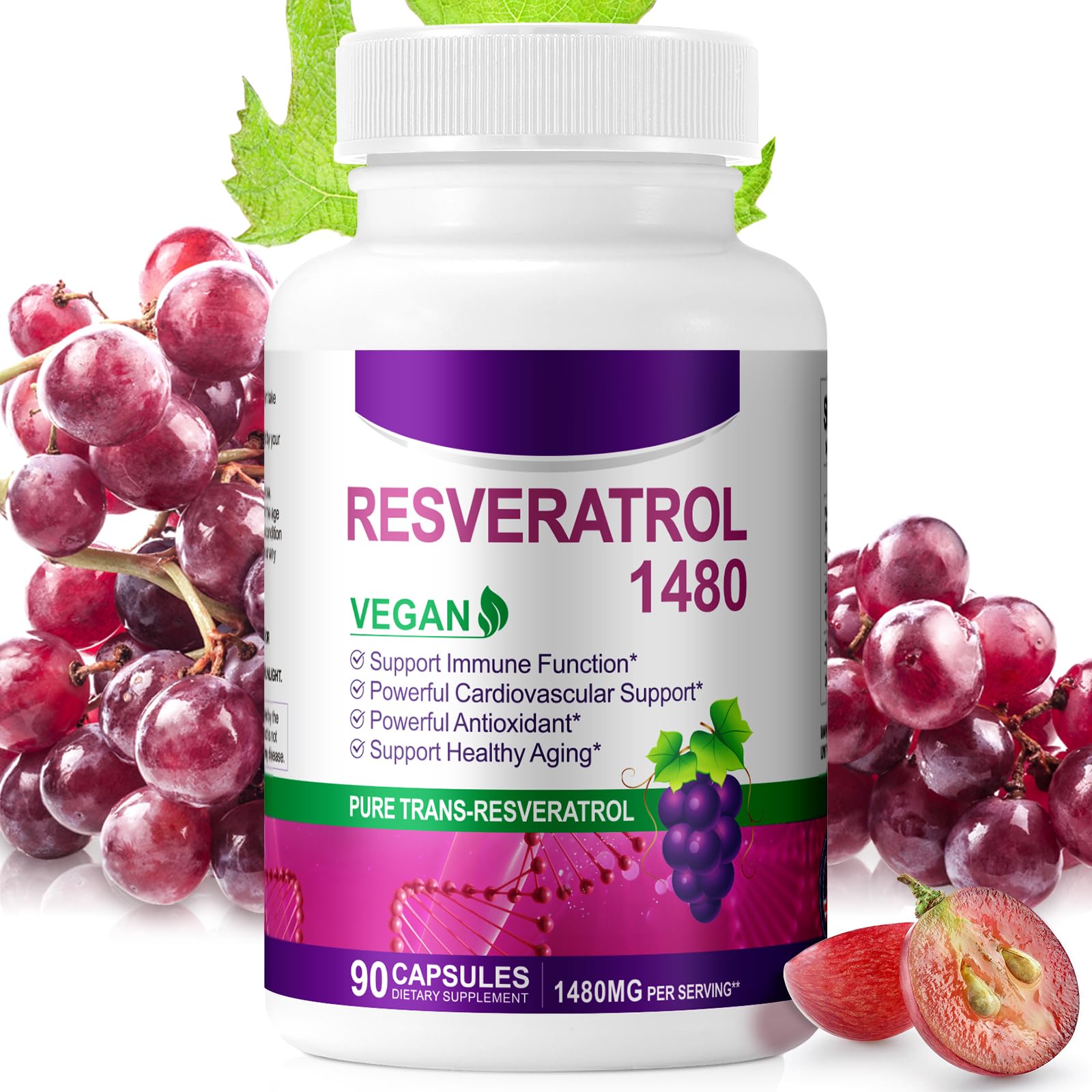 1480mg Resveratrol Kapseln, 1000mg Trans-Resveratrol mit Quercetin 300mg für Herz, Haut und Anti-Aging-Antioxidans I 90 Kapseln