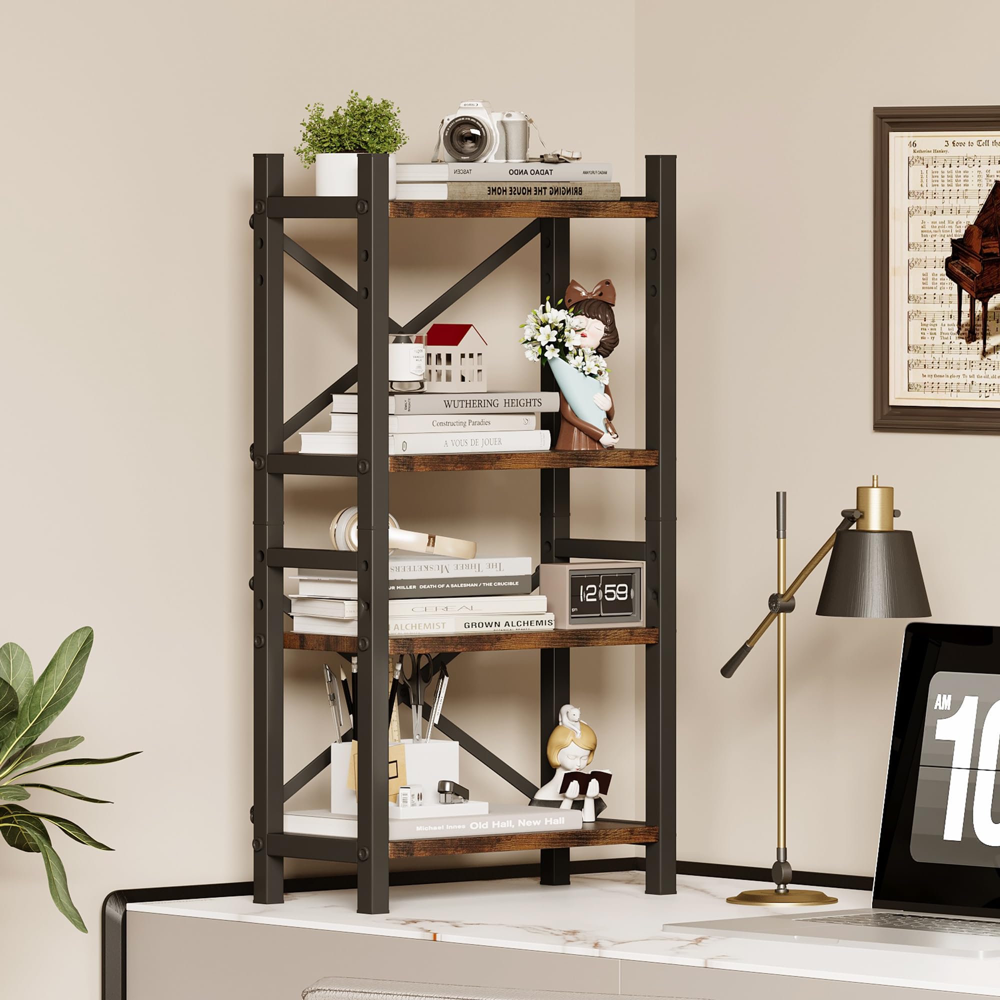 Desktop Bookshelf, 4-Tier Stackable Narrow Bookcase, Adjustable Industrial Desk Organizer & Hutch - Rustic Brown Wood Desktop Book Organizer for Living Room, Bedroom & Home Office