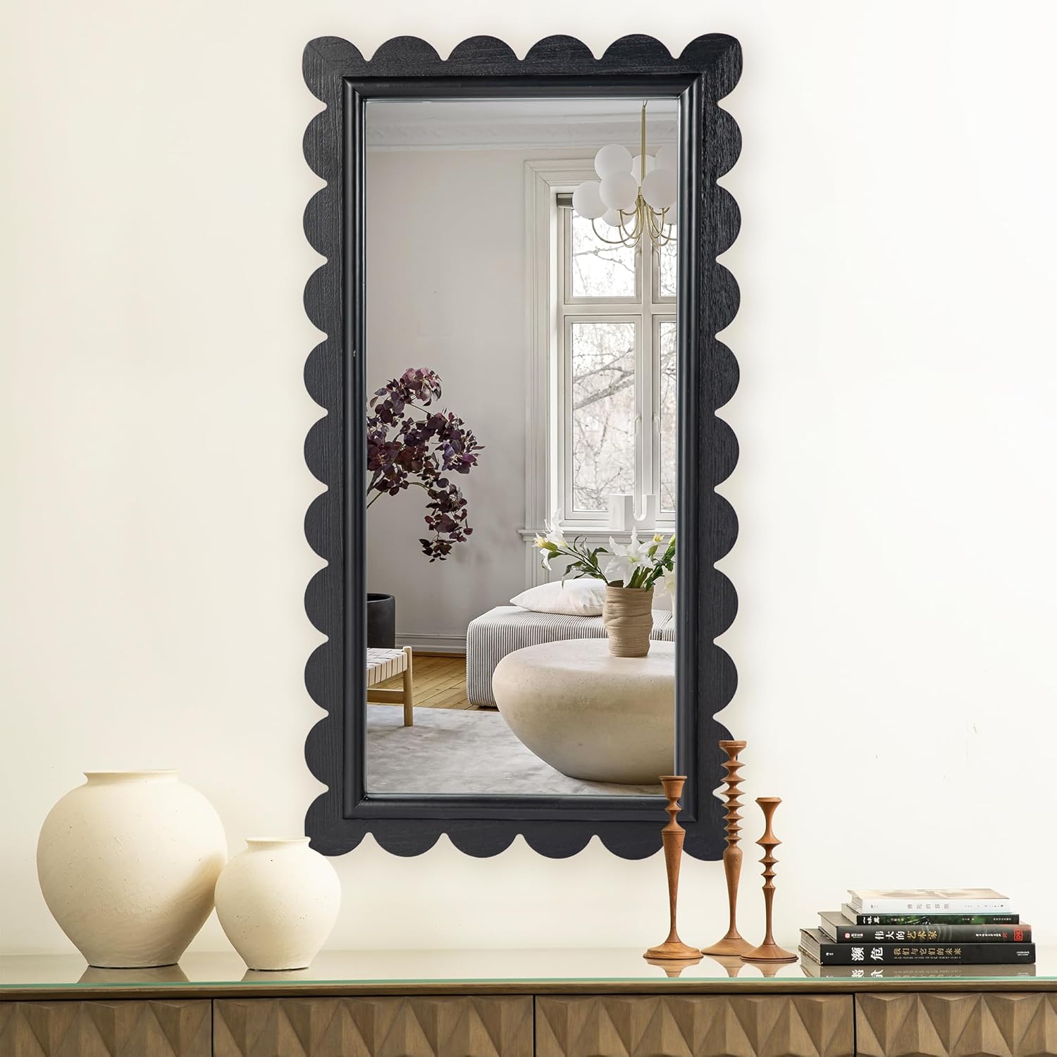 Glitzhome 42.5" x 22.75" Wall Mirror - Black Rectangle Hanging Mirror with Wood Frame, Wall Decor for Bedroom, Livingroom, Entryway