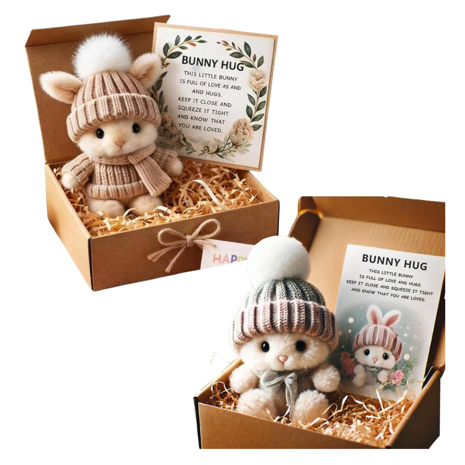 Mini Bunny Hug Cute Easter Gift, Mini Bunny Hug in Box, Emotional Support Positive Crochet Bunny with Inspirational Card, Handmade Plush Pocket Hug Rabbit Doll for Kids Family Friend (2PCS-f)