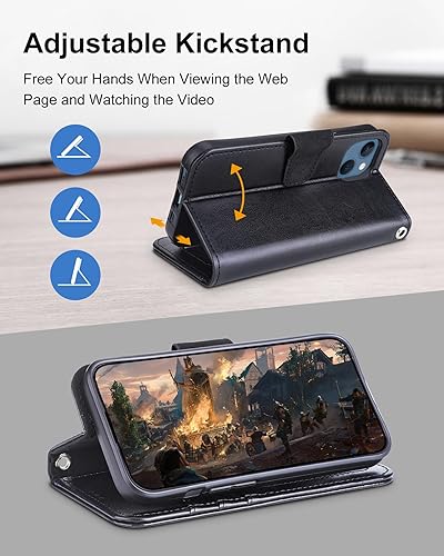 Miniatura 4 de Funda tipo cartera para iPhone 15 con tarjetero y función atril RFID, piel sintética, a prueba de golpes, duradero, tarjetero para teléfono iPhone