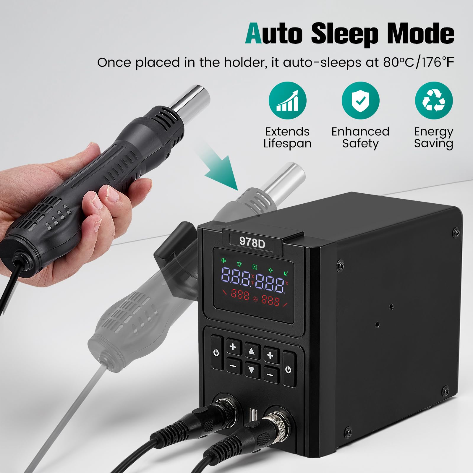 Stazione Saldante, Stazione Dissaldante Calda 2-in-1 per Ricottura con Schermo LCD, Ugelli a Cambio Rapido, Auto Start/Stop,Temperatura Regolabile e Volume D'aria, Ampia Gamma di Scenari Applicabili
