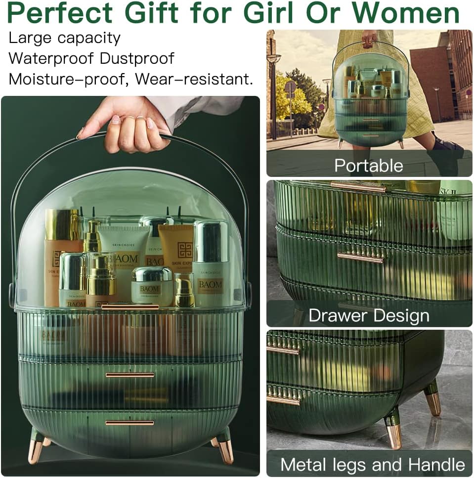 Multi-Function Make Up Case Dustproof Cosmetic Storage Box, Cosmetics Organizer Skin Care Products Jewelry Organizer Case Finishing Box for Bedroom Bathroom Desktop New Version (Transparent Green) 3 71I5ey dlNL. AC SL1001