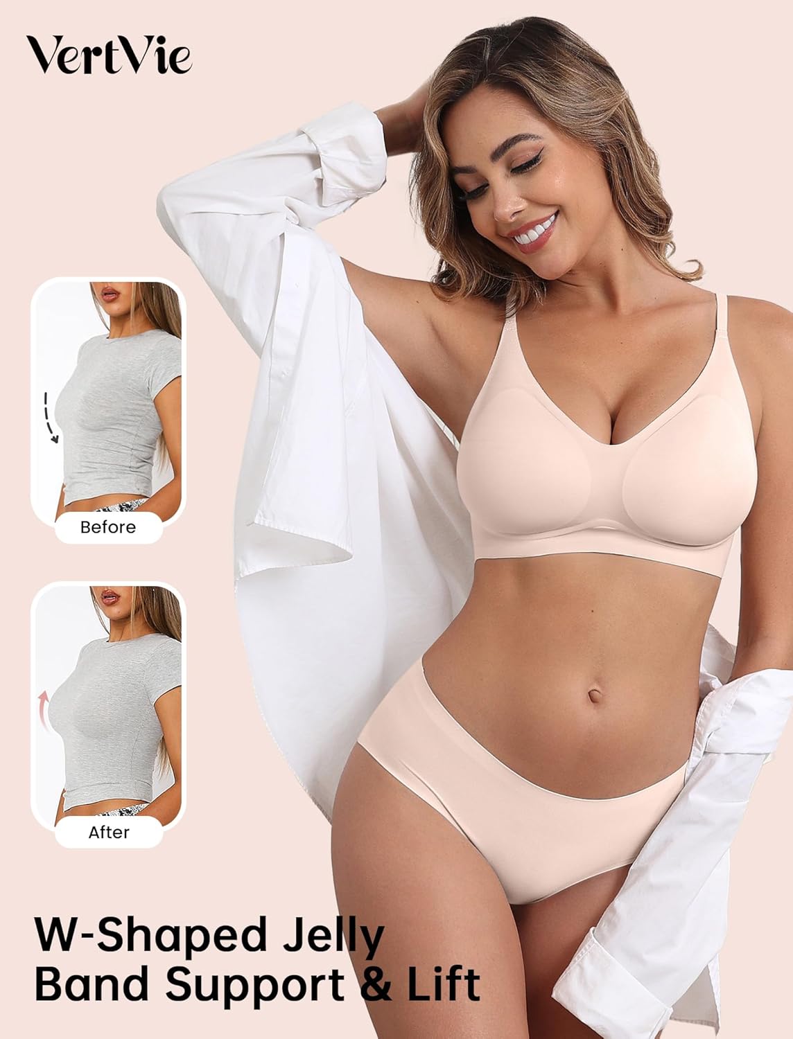 Vertvie Wireless Bras for Women Full Coverage Supportive Seamless Bralettes No Underwire Push Up Comfort Soft T-Shirt Bra