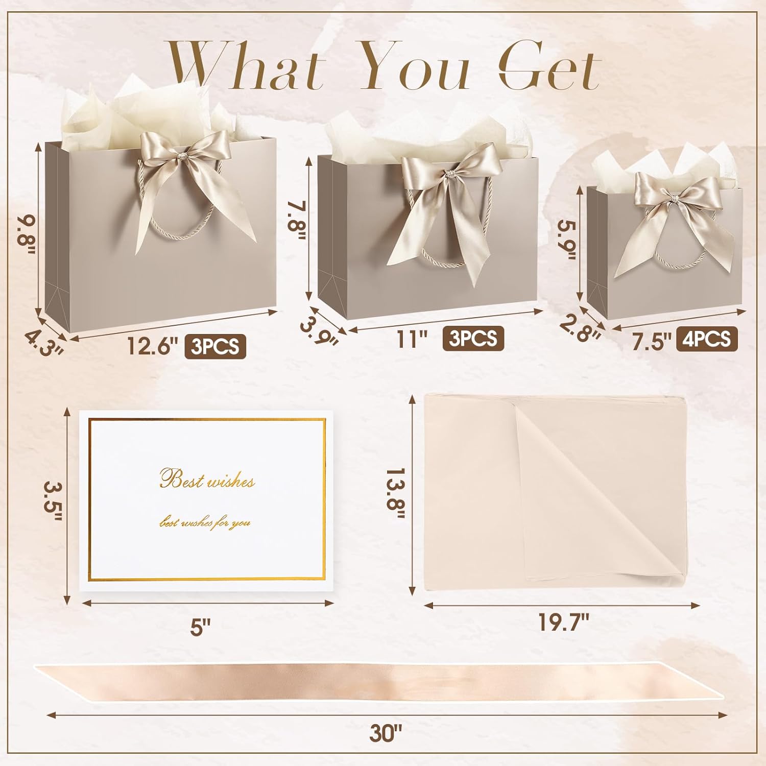 maitys 10 set gift bags assorted sizes with ribbon greeting card tissue paper (3 large 12.6", 3 medium 11", 4 small 7.5") champagne luxury gift bags for valentine's day anniversary wedding birthday
