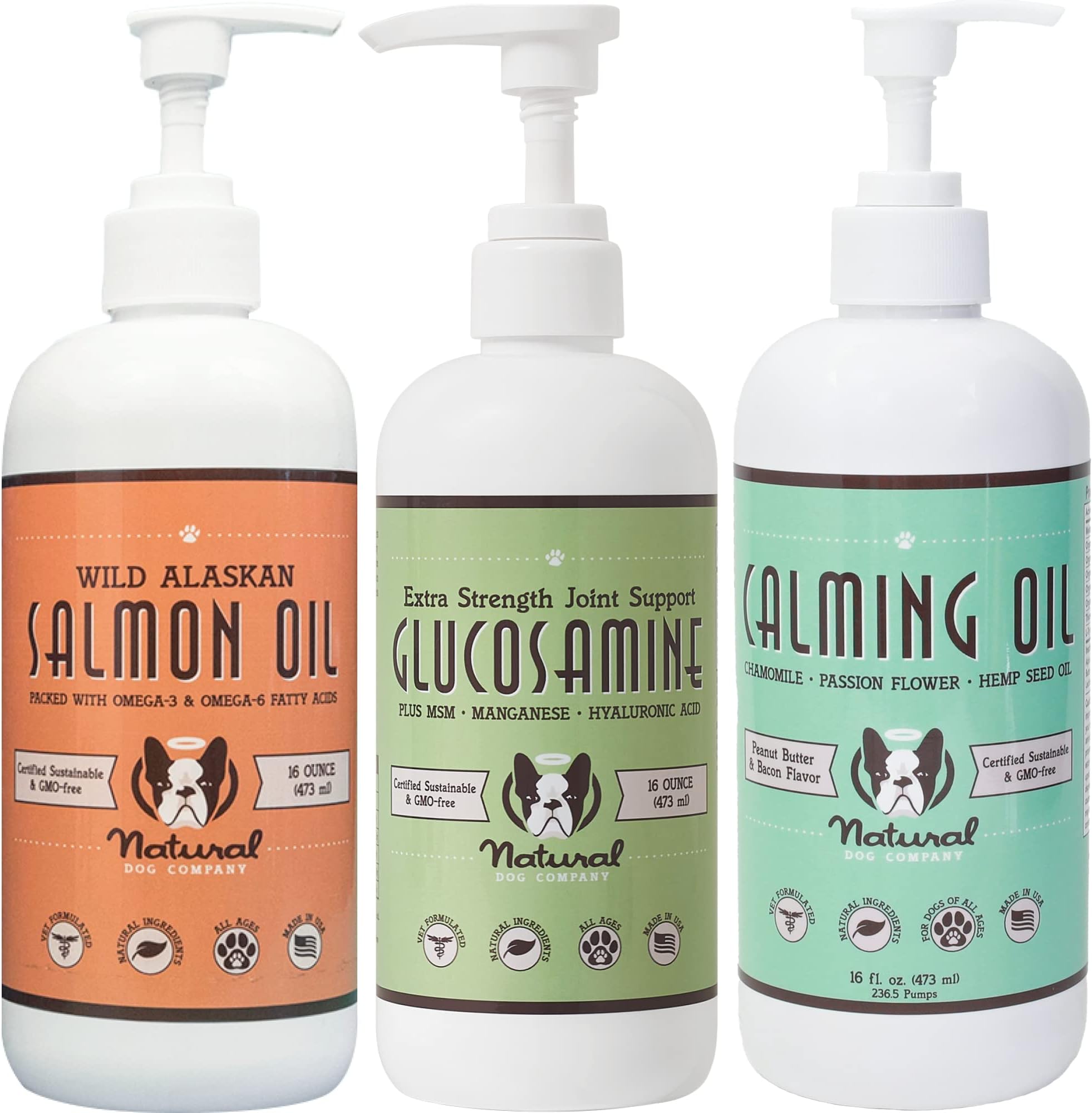Natural Dog CompanyWellness Bund$le for Dogs, Food Toppers, Liquid Supplements with (1) Skin & Coat Oil, (1) Liquid Glucosamine, (1) Calming Oil