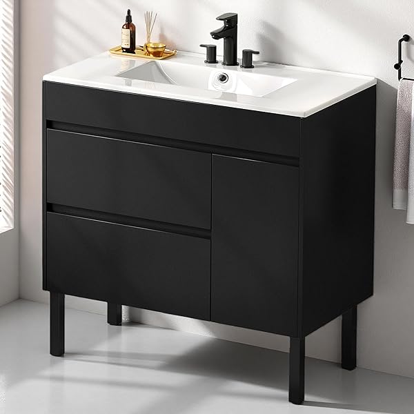 DWVO 36 Inch Bathroom Vanity with Sink, Bathroom Vanity Cabinet, Modern Bathroom Storge Vanity Includes Adjustable Legs, Soft Closing Door, 2 Drawers & Drain